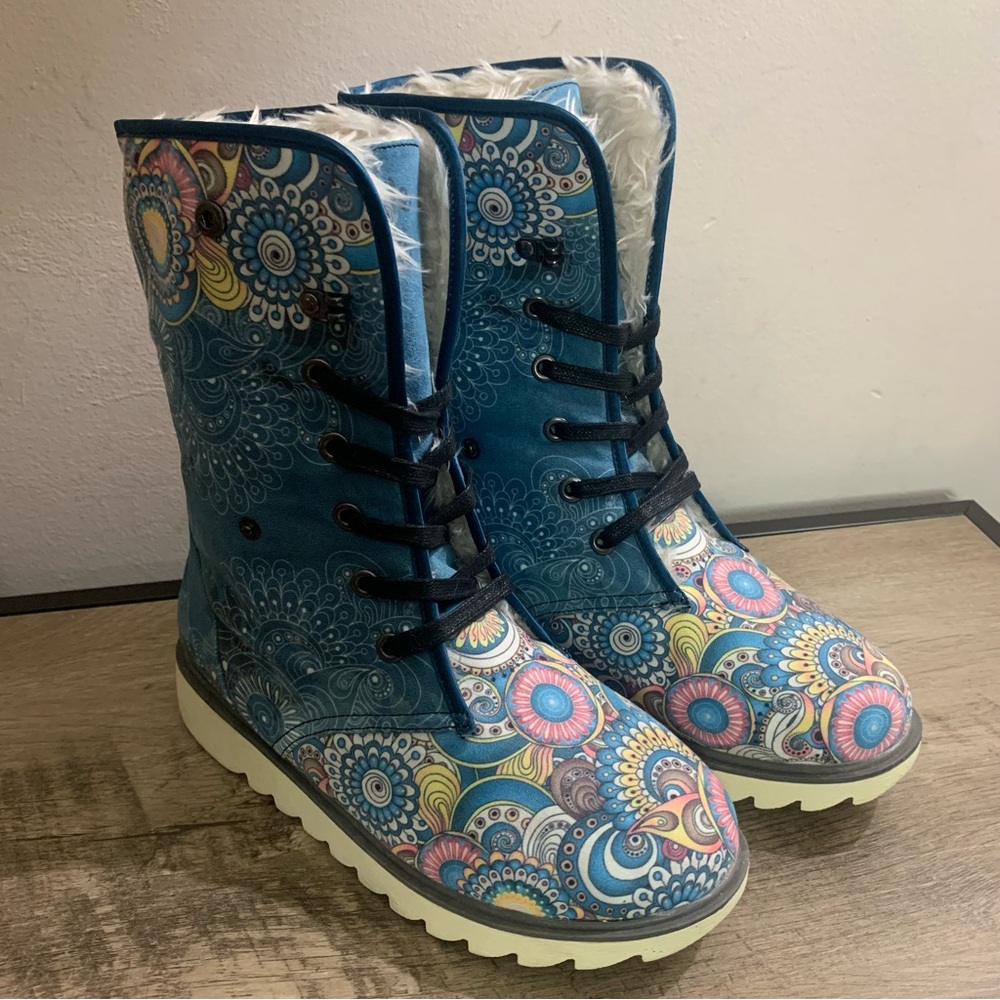 Womens YES WE VIBE Blue COLORFUL Flower MANDELA Fold Down FUR LINED Winter BOOTS